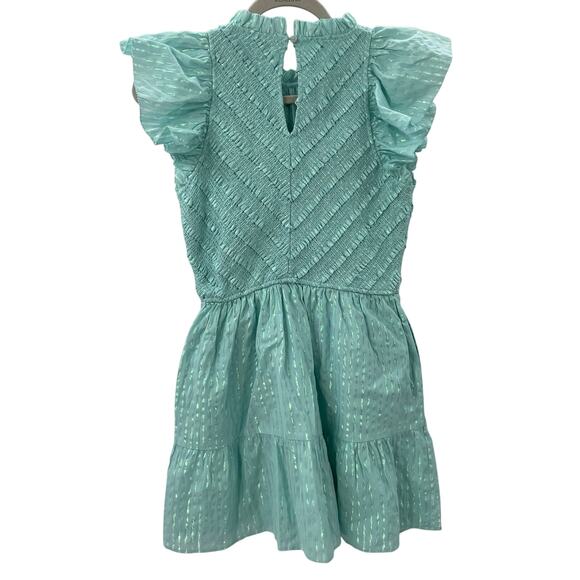 Saylor XS Carraway Mini Dress Smocked Bodice Flutter Sleeves Aqua Metallic - Picture 13 of 13